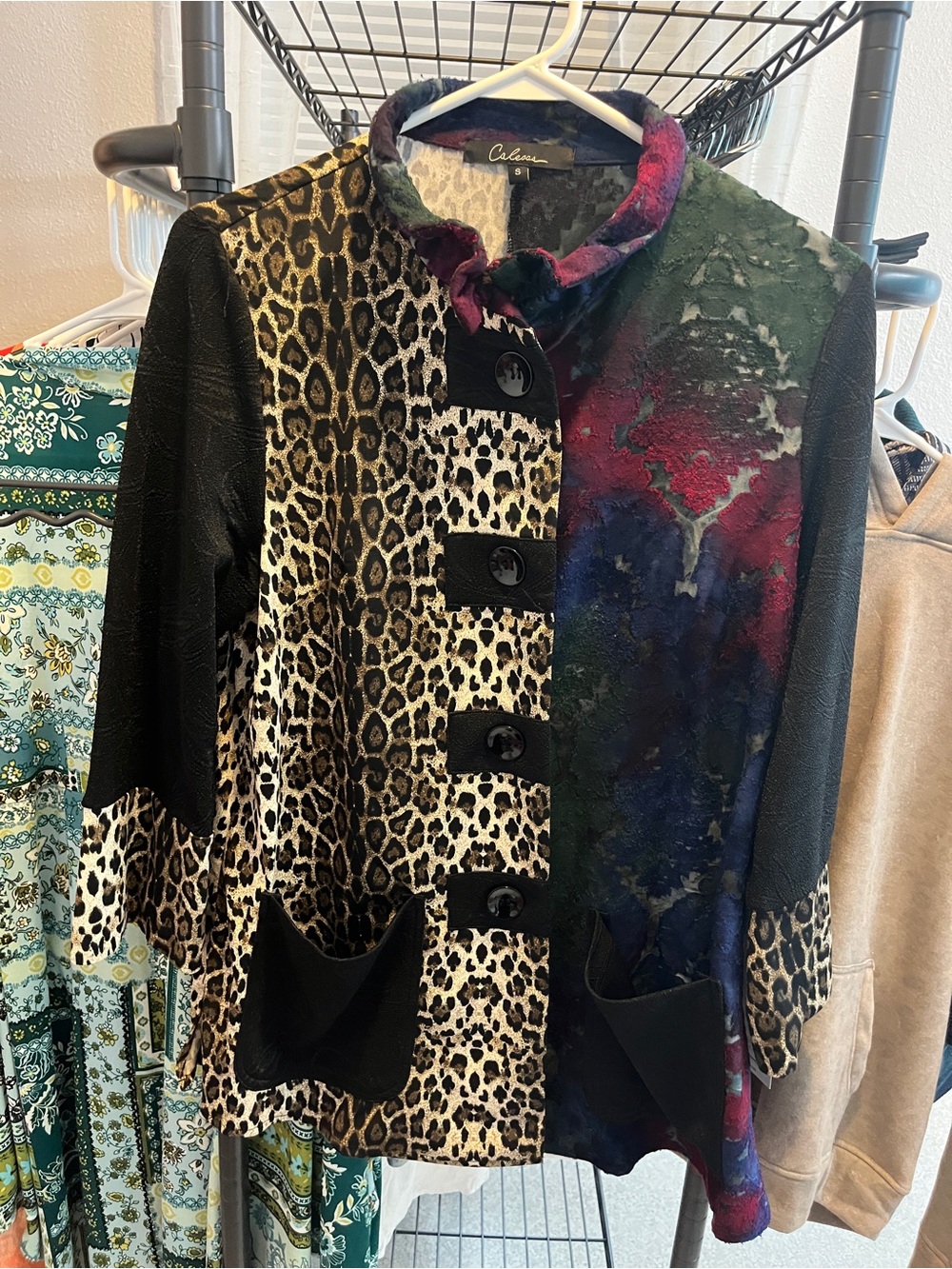Mixed-Print Leopard and Multicolor Velvet Button-Front Blouse